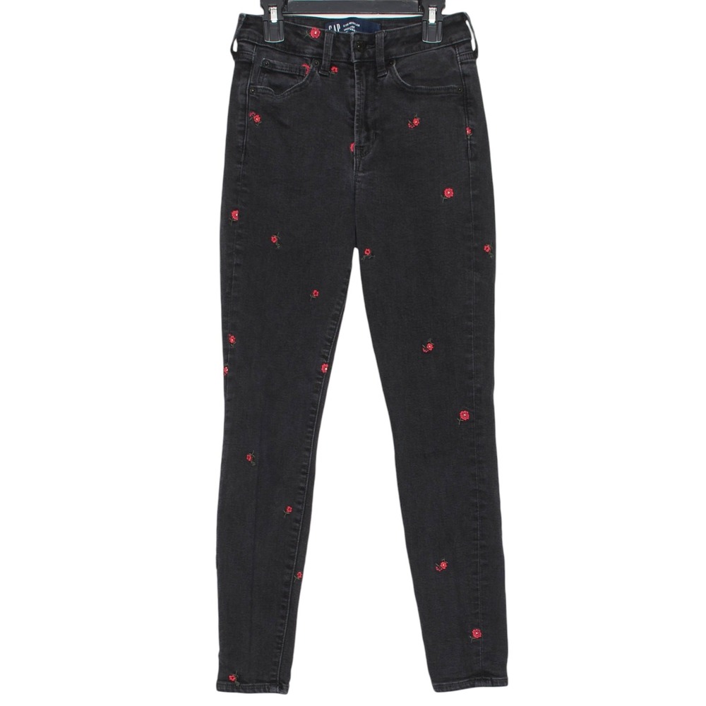 GAP‎ Jeans High Rise Universal Legging Y2K Grunge Embroidered Floral Black 2/26